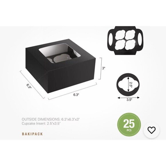 25 Black Cupcake Boxes, 4 Count Cupcake Containers with Window and Inserts, 6... - Picture 5 of 5